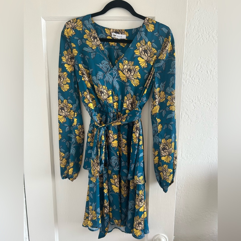 Blue and Yellow Long Sleeve Dress